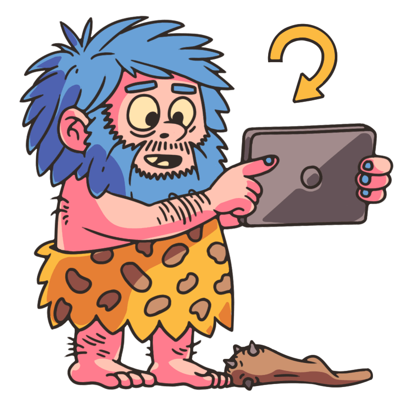 caveman rotating a tablet